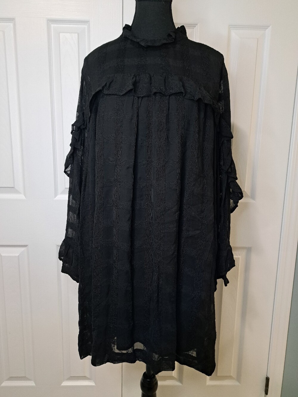 H&M Black Overlay Ruffle Shift Mini Dress 10 Romantic Gothic Romantic High Neck